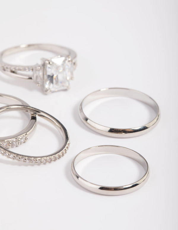 Rhodium Cubic Zirconia Emerald Cut Ring Stack Pack