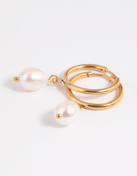 Gold Plated Stainless Steel Freshwater Pearl Thin Huggie Hoop Earrings - link has visual effect only