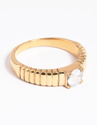 Waterproof Gold Plated Stainless Steel Line Detail Cubic Zirconia Ring - link has visual effect only