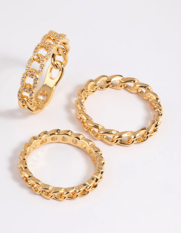 Gold Plated Cubic Zirconia Chain Ring Pack