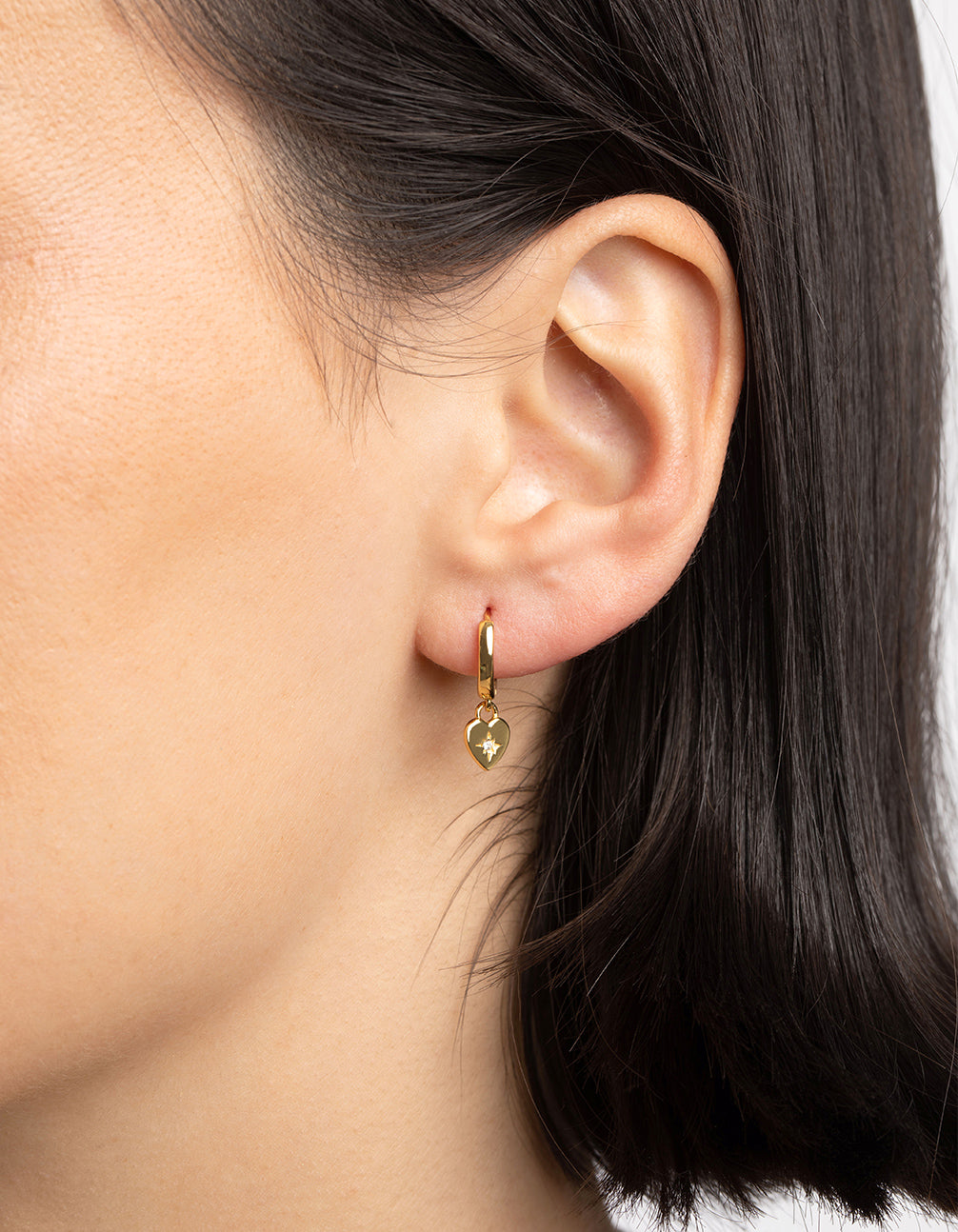 Gold Plated Sterling Silver Heart Diamante Huggie Hoop Earrings