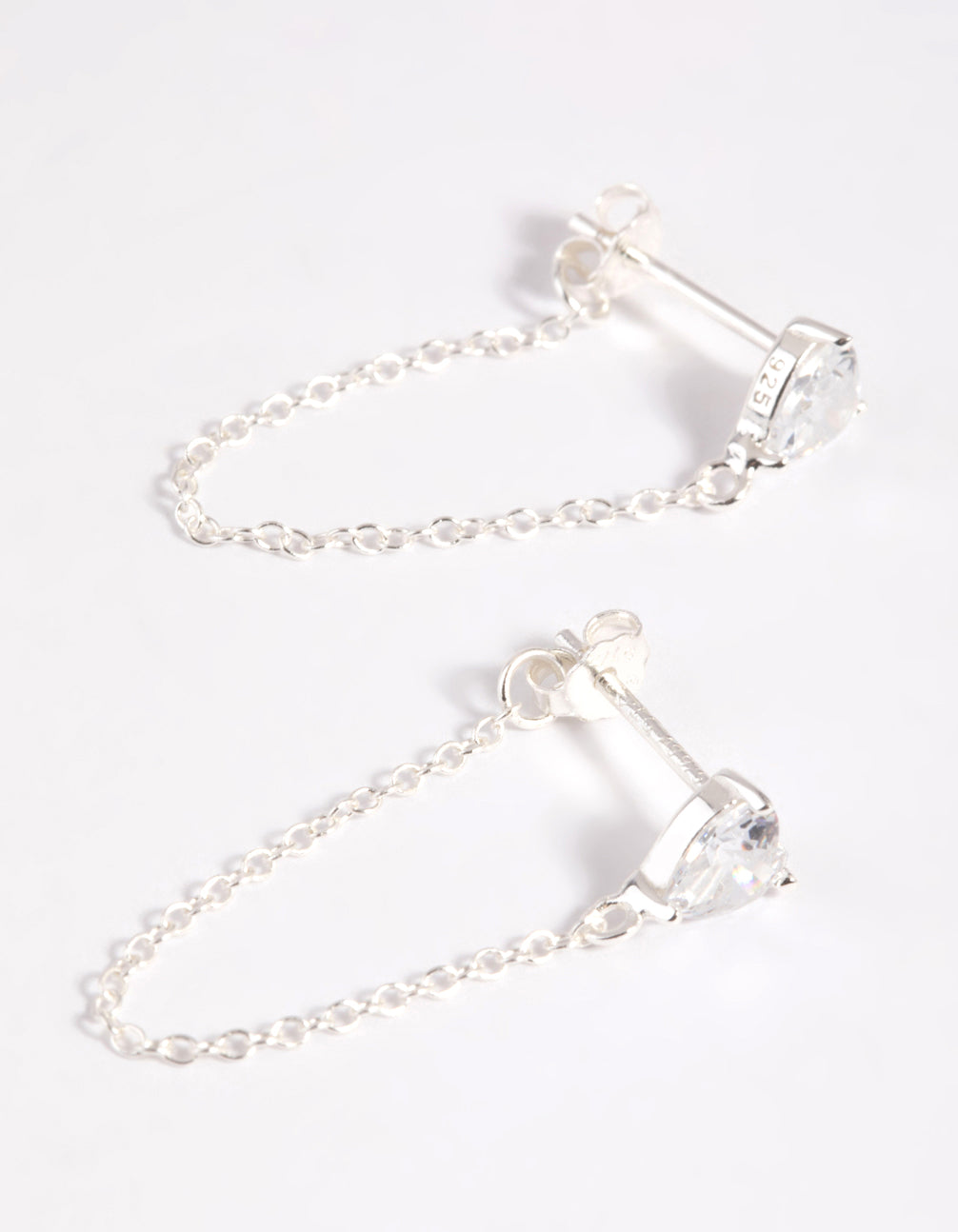 Sterling Silver Cubic Zirconia Heart Chain Stud Earrings