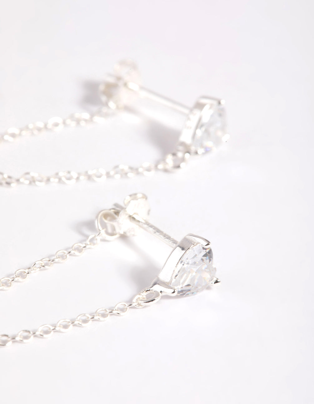 Sterling Silver Cubic Zirconia Heart Chain Stud Earrings