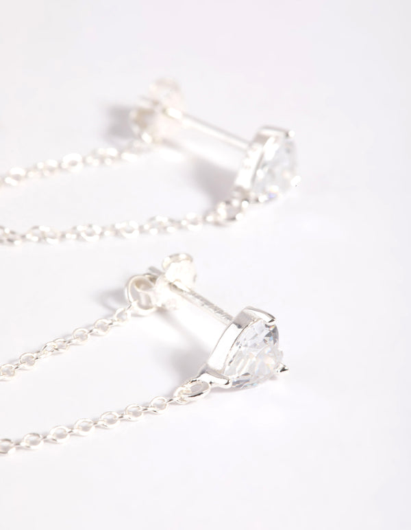 Sterling Silver Cubic Zirconia Heart Chain Stud Earrings