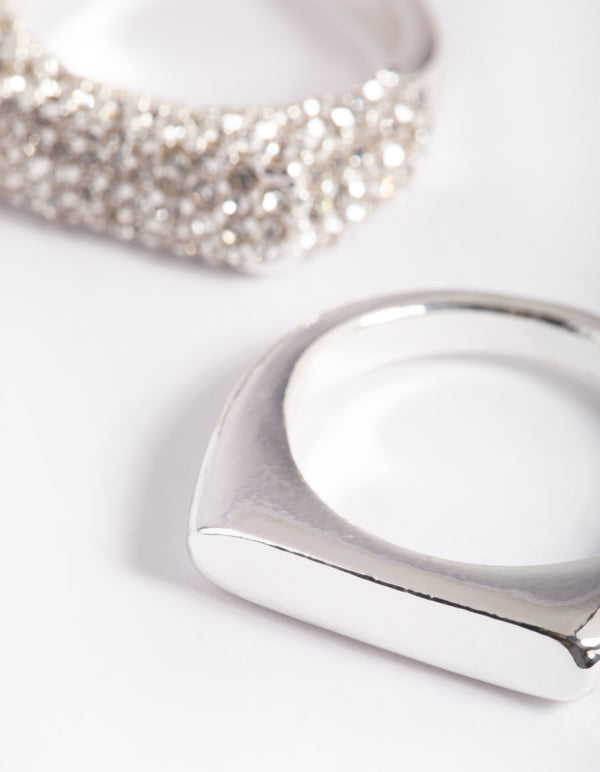 Silver Plated Diamante Smooth Ring Set