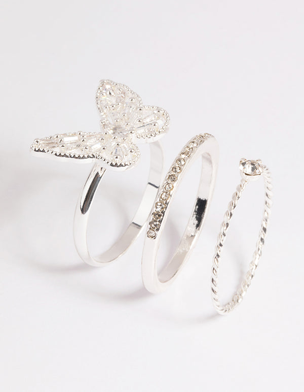 Silver Cubic Zirconia Butterfly Ring Stack Pack