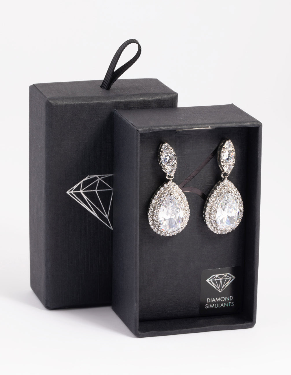 Silver Diamond Simulant Oval Halo Drop Earrings