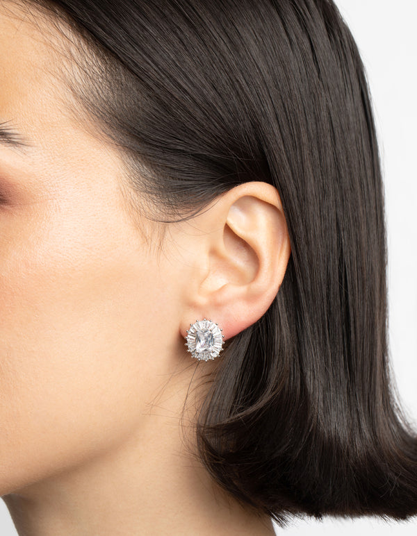 Rhodium Diamond Simulant Halo Statement Stud Earrings