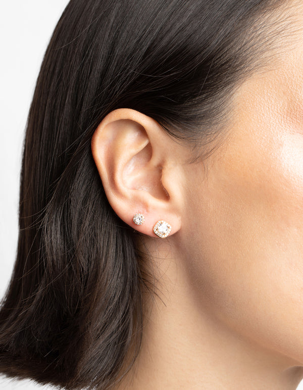 Gold Diamond Simulant Halo Stud Earring Set