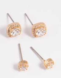 Gold Diamond Simulant Halo Stud Earring Set - link has visual effect only