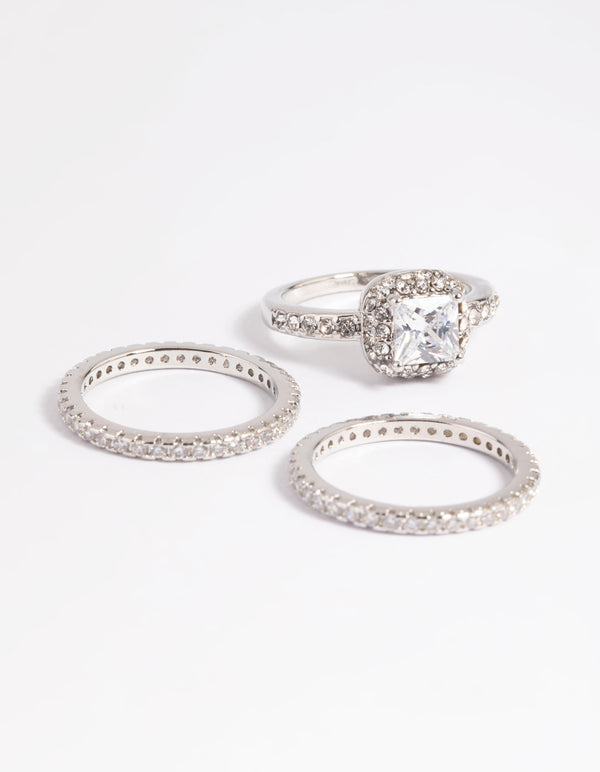 Silver Diamond Simulant Square Ring Pack