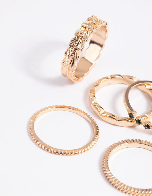 Gold Green Diamante & Leaf Rings 5-Pack