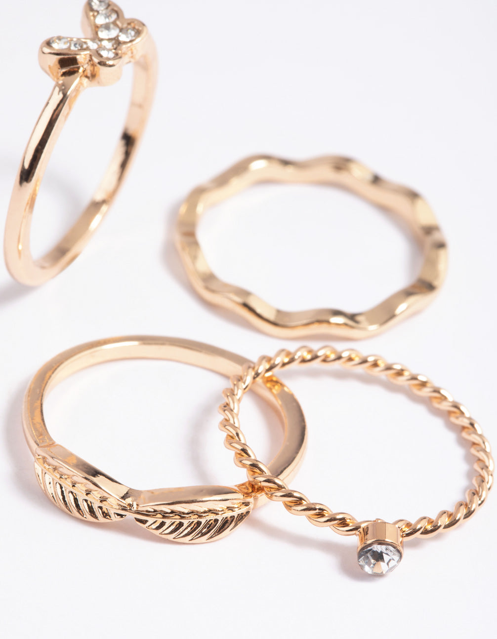 Gold Diamante Butterfly Ring Stack 4-Pack