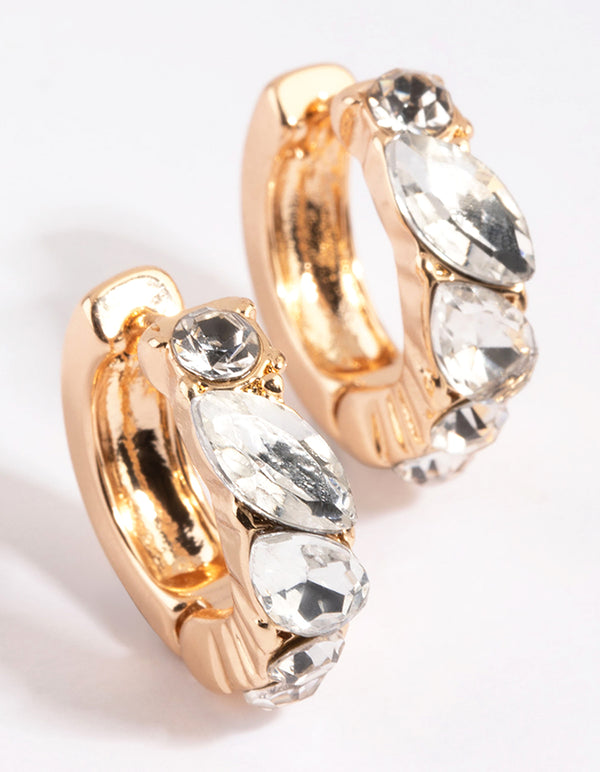 Gold Diamante Marquise Huggie Hoop Earrings
