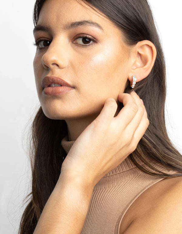 Gold Diamante Marquise Huggie Hoop Earrings