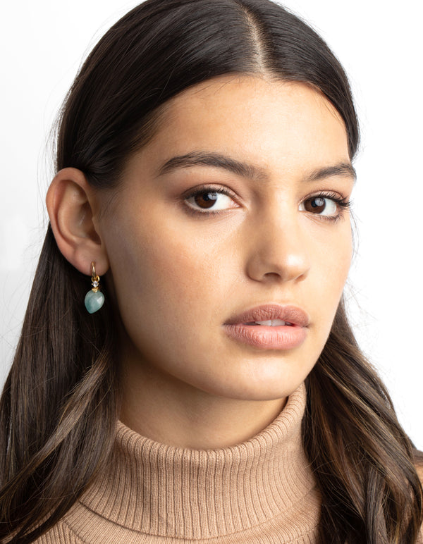 Gold Plated Cubic Zirconia & Amazonite Huggie Hoop Earrings