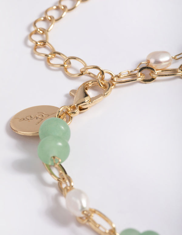 Gold Plated Green Aventurine & Freshwater Pearl Bracelet
