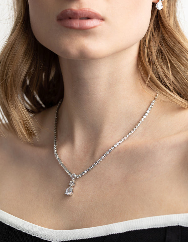 Silver Diamond Simulant Necklace & Earrings Set