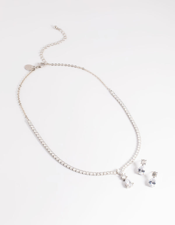 Silver Diamond Simulant Necklace & Earrings Set