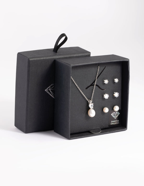 Silver Diamond Simulant Freshwater Pearl Necklace & Earrings Set