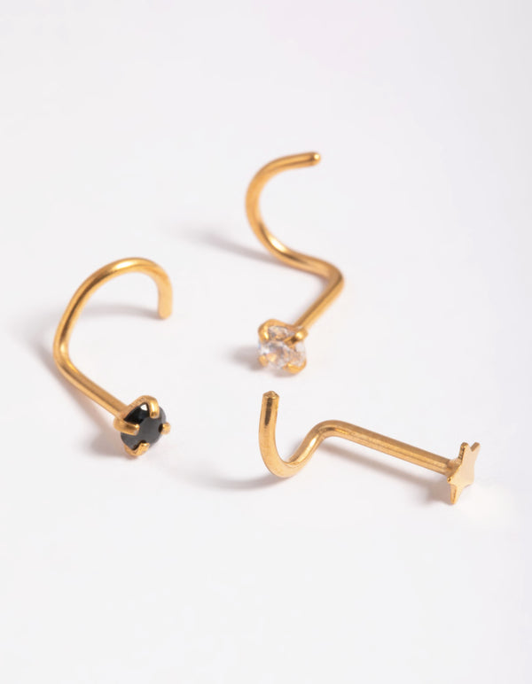 Gold Plated Surgical Steel Diamante Star Nose Stud Pack