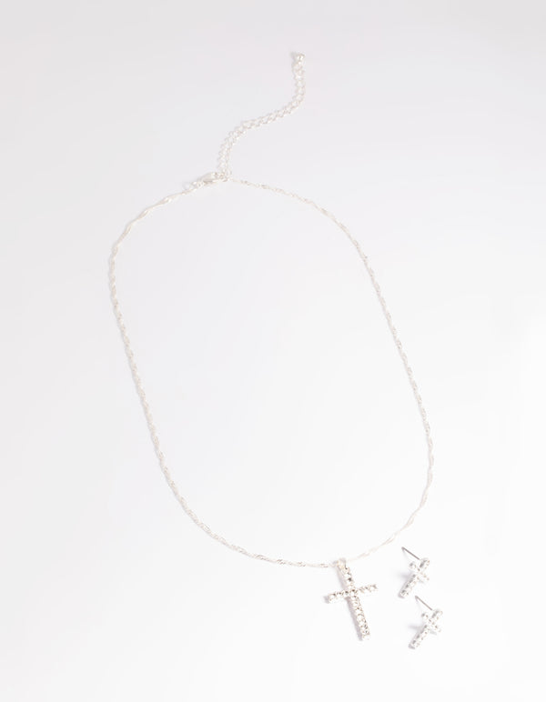 Silver Diamante Cross Necklace & Earrings Set