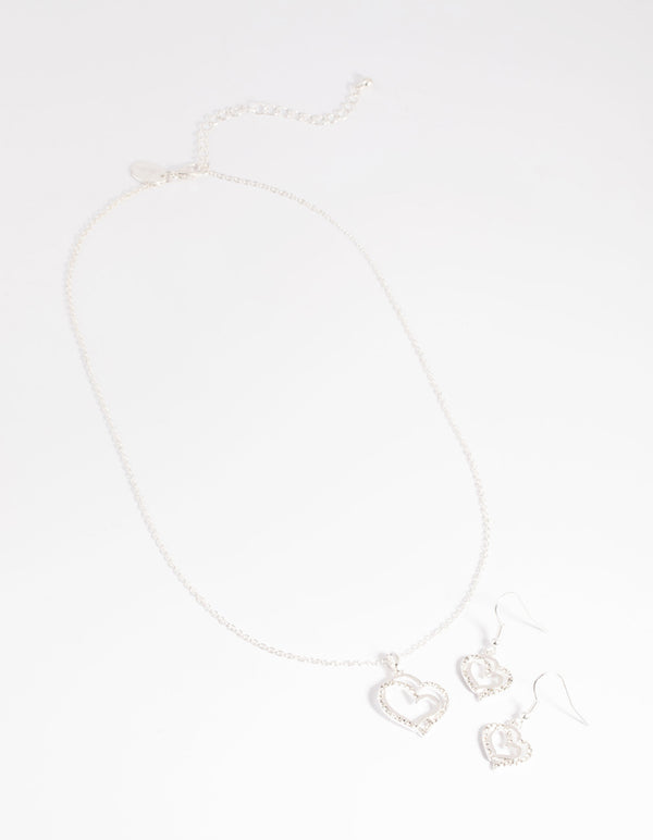 Silver Diamante Heart Necklace & Earrings Set