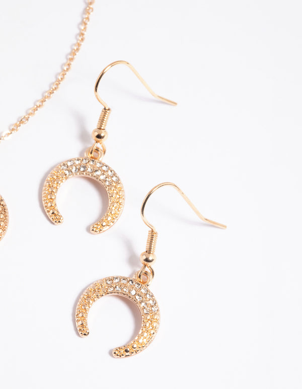 Gold Crescent Diamante Necklace & Earrings Set