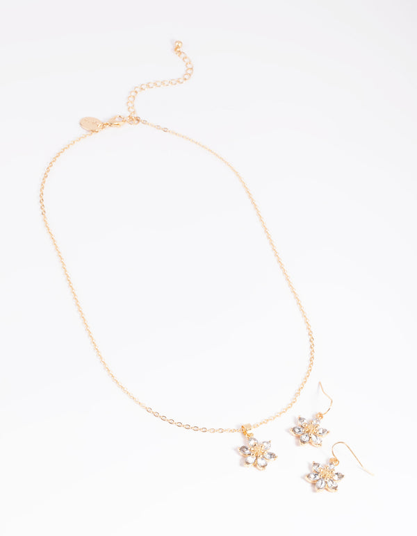 Gold Diamante Flower Necklace & Earrings Set