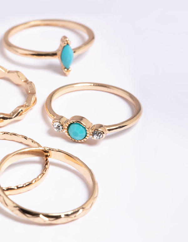 Gold Stone & Diamante Textured Rings 5-Pack