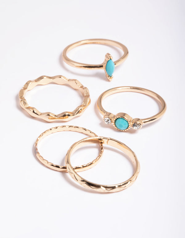 Gold Stone & Diamante Textured Rings 5-Pack