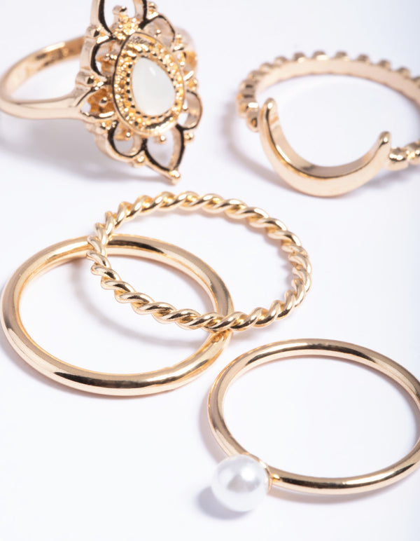 Gold Filigree Pearl Rings 5-Pack
