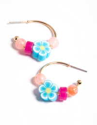 Gold Small Bead & Flower Hoop Earrings - link has visual effect only