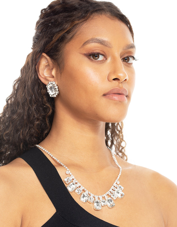 Silver Diamante Square Stud Earrings