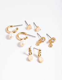 Gold Plated Rose Quartz & Freshwater Pearl Earring Stack 4-Pack - link has visual effect only