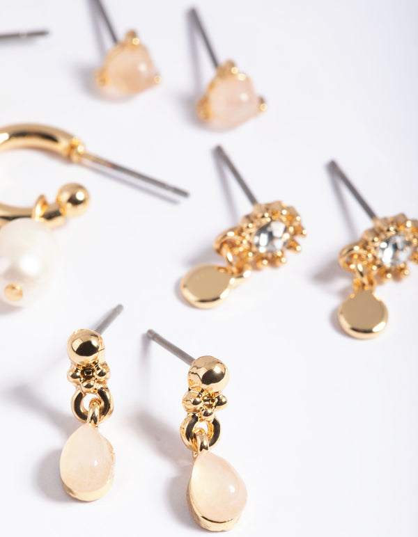 Gold Plated Rose Quartz & Freshwater Pearl Earring Stack 4-Pack