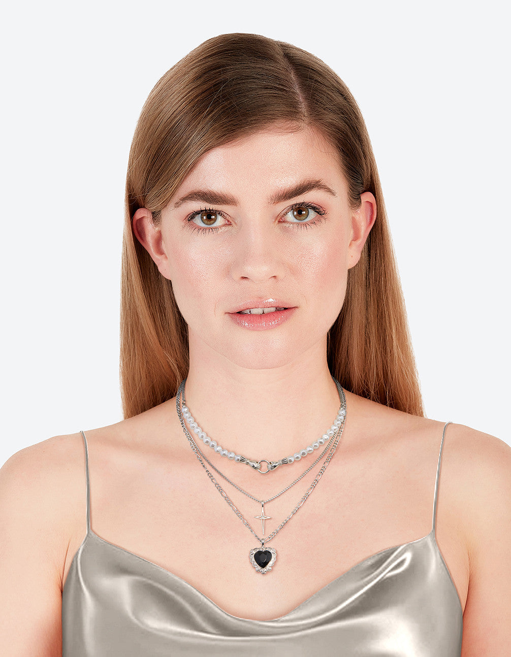 Silver Pearl Heart Star Layered Necklace