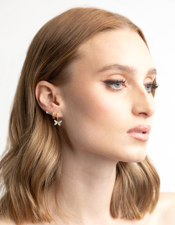 Gold Plated Brass Cubic Zirconia Butterfly Earring Stack 6-Pack