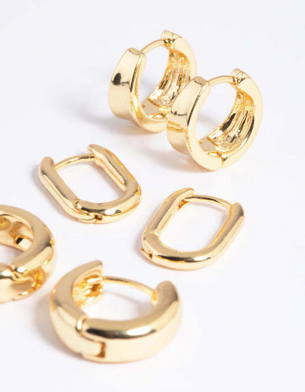 Gold Plated Brass Simple Huggie Hoop Earring Stack 6-Pack