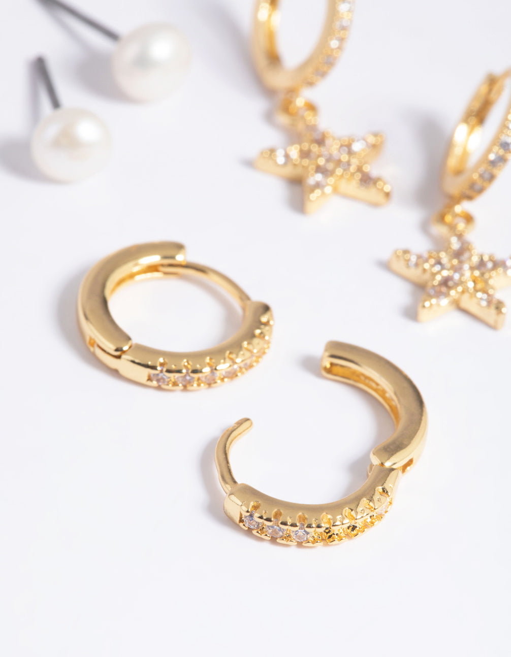 Gold Plated Brass Cubic Zirconia Pearl & Star Earring Stack 6-Pack