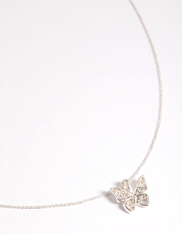 Silver Plated Pave Butterfly Necklace