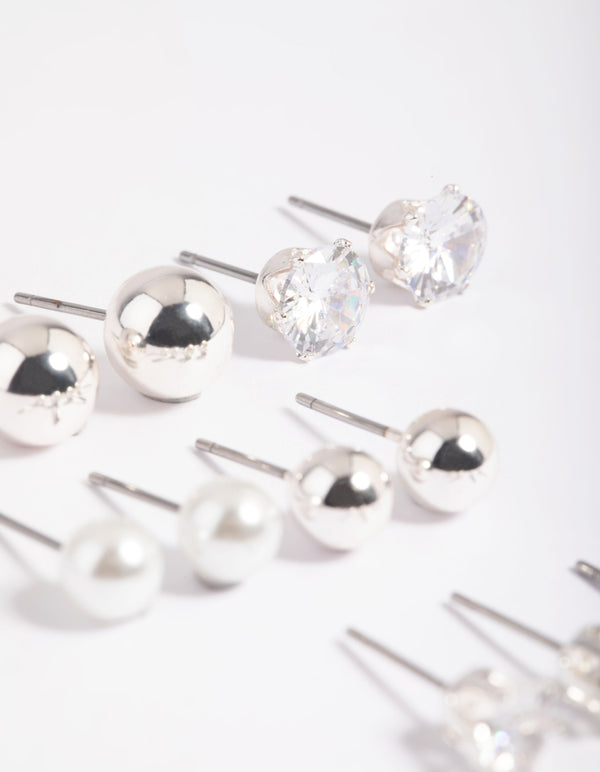Silver Diamante Pearl Stud Earrings 6-Pack