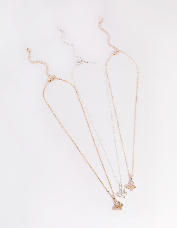 Mixed Metal Diamante Butterfly Necklace Pack