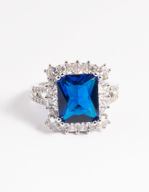 Silver Blue Cubic Zirconia Asscher Ring