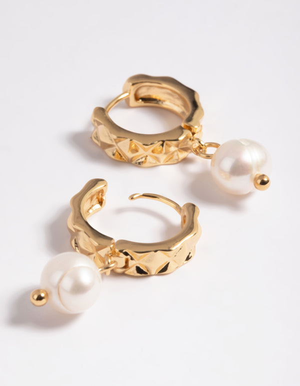 Gold Plated Freshwater Pearl Diamond Huggie Earrings