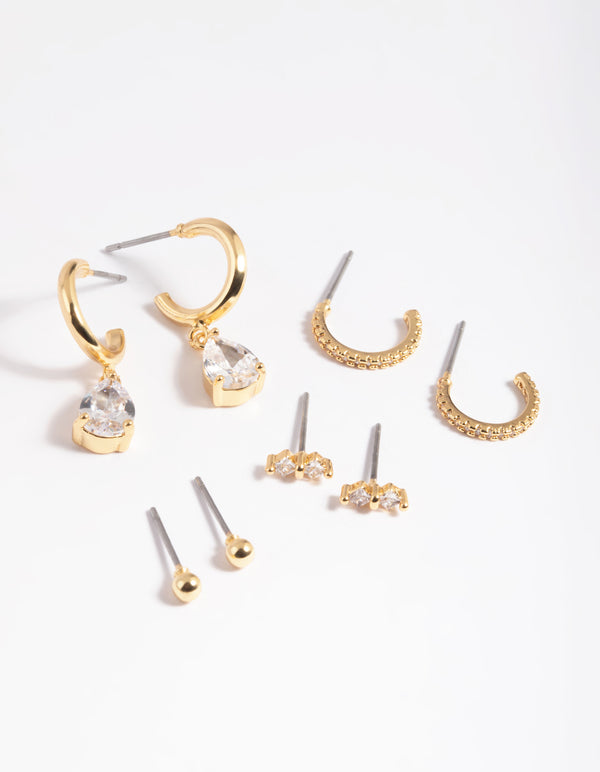 Gold Plated Cubic Zirconia Dainty Earring Pack