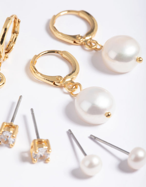 Gold Plated Freshwater Pearl Cubic Zirconia Earring Pack