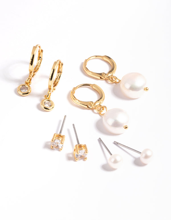 Gold Plated Freshwater Pearl Cubic Zirconia Earring Pack