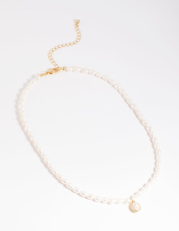Gold Plated Freshwater Pearl Oval Drop Necklace