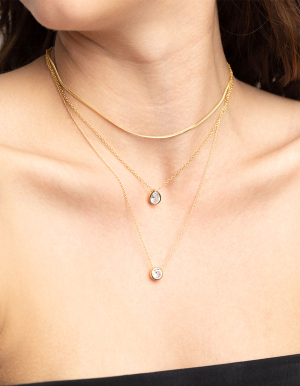 Gold Plated Cubic Zirconia Triple Layered Necklace